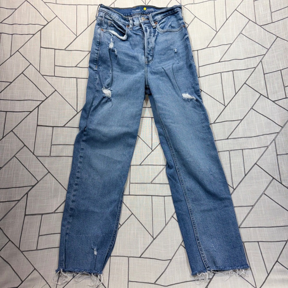 Old Navy Sky-Hi Straight Jeans 4 Blue Distressed Raw Hem Extra High Rise